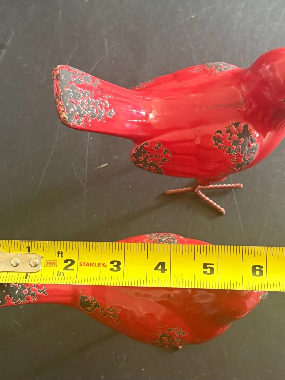 Distressed ceramic red/black bird figurines wire feet pair rustic farmhouse